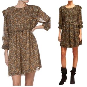 ba&sh Sandra Autumn Leaf Print Brown Ruffle Georgette Mini Dress - S / 6 *